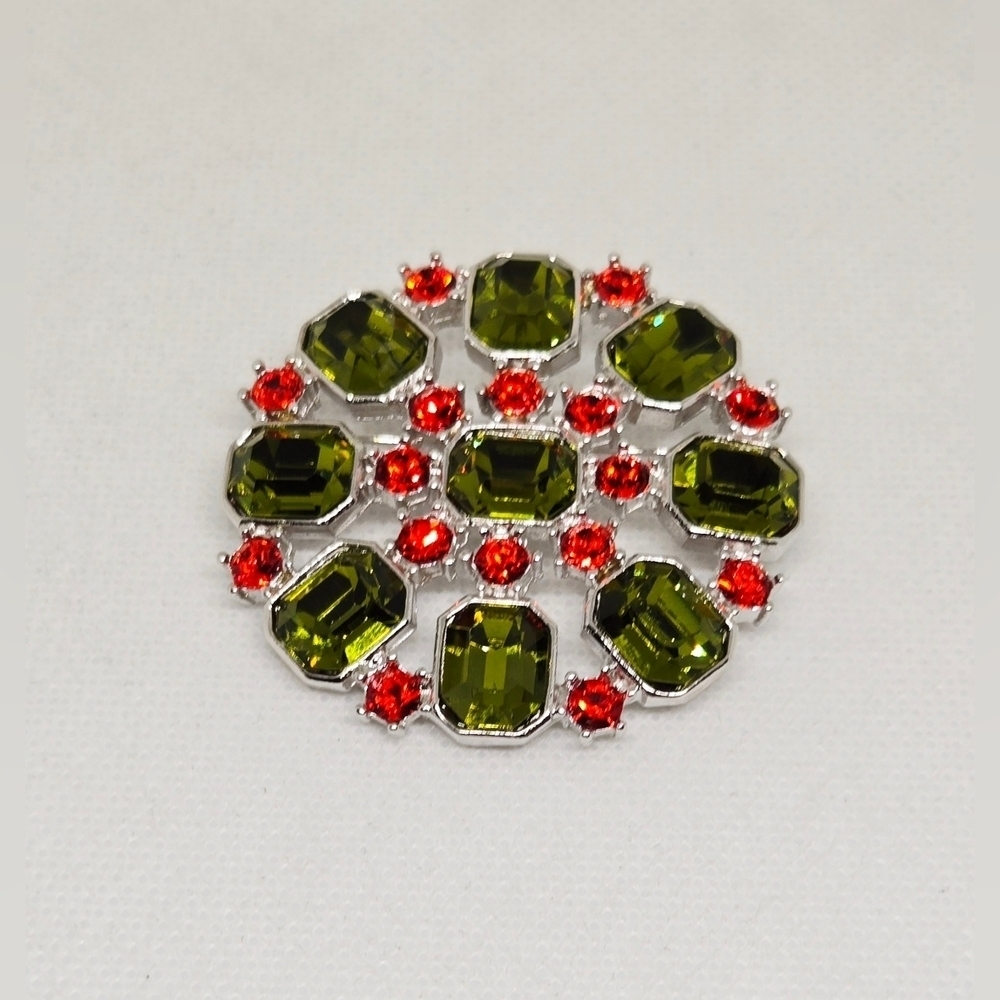 Green Red Rhinestone Circle Brooch Silver Tone Statement Costume Jewelry